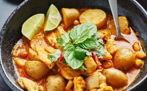 Ein köstliches Massaman Curry Rezept mit Hühnchen, Kartoffeln und Erdnüssen, garniert mit frischen Kräutern und Limettenspalten.