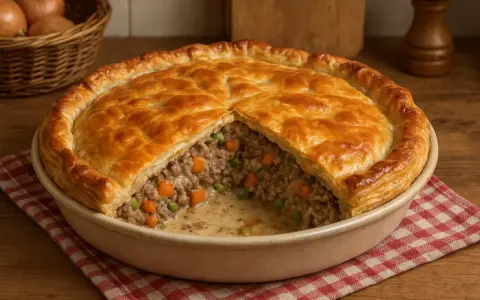 Herzhaftes Hackfleisch-Pasteten-Rezept mit Erbsen und Karotten, goldbraun gebacken.
