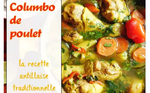 Colombo de poulet, ein traditionelles antillisches Gericht mit zarten Hühnerstücken, Karotten, Zucchini und roten Paprika in einer würzigen Brühe.