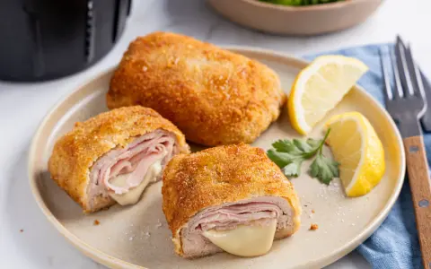 Perfektes Cordon Bleu aus dem Airfryer, goldbraun und mit schmelzendem Käse. Dazu Zitronenspalten und ein frischer Salat.