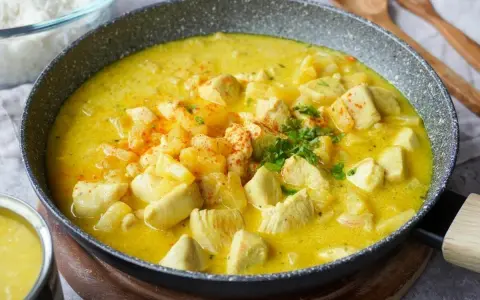 Ein köstlicher Curry mit Ananas und Hähnchenstücken in einer cremigen gelben Sauce, garniert mit Petersilie und Paprikapulver.