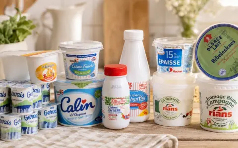 Eine Auswahl an Milchprodukten, darunter verschiedene Becher mit fromage blanc, Crème fraîche und Joghurt, auf einem Holztisch.