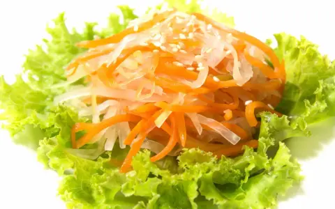 Frischer Salat mit geraspelten Karotten und Rettich, garniert mit Sesam. Ein leichter und gesunder Genuss, der an ein vietnamesisches Do Chua erinnert.
