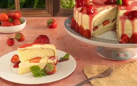 Ein Stück Vanille Erdbeer Torte mit frischen Erdbeeren und Sahne.