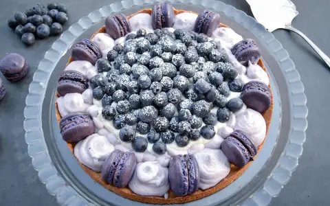 Eine Macaron Torte mit Blaubeeren und lila Macarons, bestäubt mit Puderzucker.