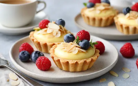 Zwei köstliche Vanille-Tartelettes mit frischen Beeren und Mandelsplittern, serviert auf einem Teller mit einer Kaffeetasse im Hintergrund.
