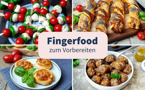 Vier Bilder zeigen Fingerfood: Caprese-Spieße, herzhafte Teigschnecken, Fleischbällchen und Blätterteigstangen mit Mohn und Sesam. Perfekt für salziges Fingerfood zum Vorbereiten!
