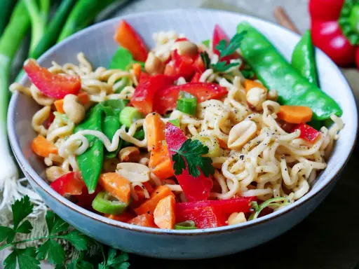 Schüssel mit Nudeln, Erdnüssen, Zuckerschoten, Karotten und Paprika. Ein leckeres Asia Salat Rezept.