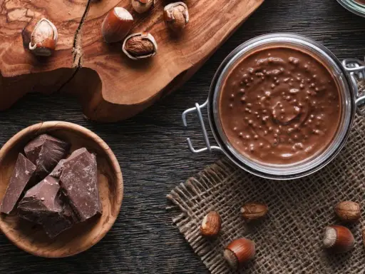 Zutaten für Nuss-Nougat-Creme selber machen: Haselnüsse, Schokolade und ein Glas voller Genuss.