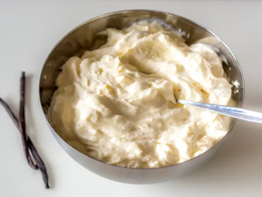 Schüssel mit cremiger, italienischer Vanillecreme, daneben zwei Vanilleschoten.