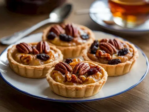 Vier kleine pekannuss tartelettes mit Rosinen auf einem Teller, daneben eine Tasse Tee und ein Löffel.