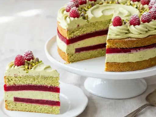 Eine wunderschöne Pistazien Torte mit Himbeerschichten und frischen Beeren. Ein Stück ist auf einem Teller angerichtet.