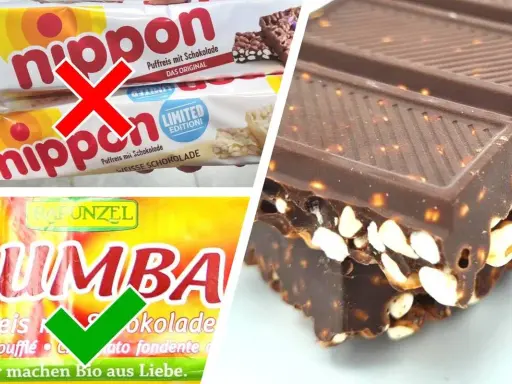 Ist Puffreis gesund? Nippon-Riegel mit rotem Kreuz, Rapunzel Rumba mit grünem Haken. Schokoriegel mit Nüssen und Reis.