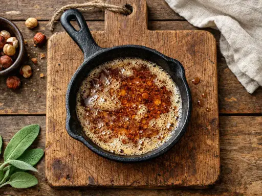 Bräunliche Butter zischt in einer Gusseisenpfanne. Daneben liegen Haselnüsse und Salbeiblätter. Das ist die Basis für köstliches Noisette.