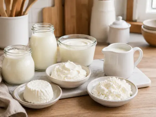 Verschiedene Milchprodukte, darunter Frischkäse, Quark und Joghurt, sind auf einem Holztisch arrangiert. Der fromage blanc deutsch ist cremig und frisch.