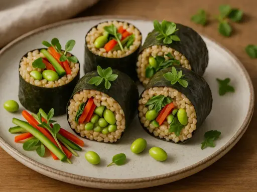 Sushi-Rollen mit braunem Reis, Edamame, Karotten und Gurken. Eine gesunde Mahlzeit voller Reis und Ballaststoffe.