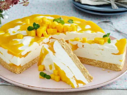 Saftige Mango-Torte mit cremigem Frischkäse und Keksboden. Perfekt für schnelle torten, die begeistern!