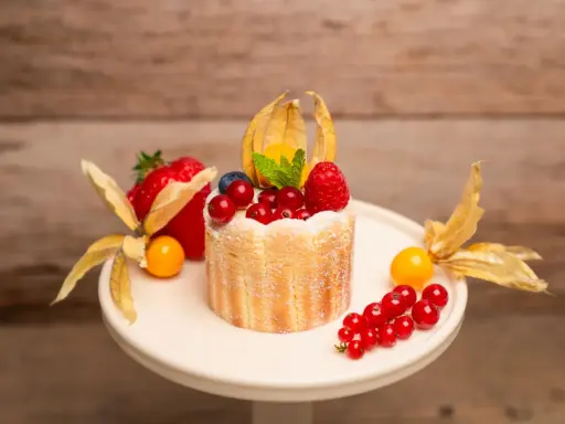 Ein kleiner Charlotte Kuchen, verziert mit frischen Beeren, Physalis und einem Hauch Puderzucker.