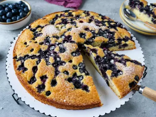 Saftiger Blaubeerkuchen, der nach viel Eiern schmeckt, mit Puderzucker bestäubt. Daneben eine Schüssel voller frischer Blaubeeren.