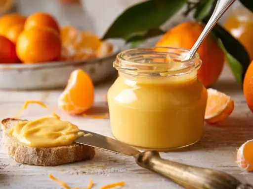 Ein Glas mit leuchtend gelbem orange curd steht neben frischen Orangen und einer Scheibe Brot, die damit bestrichen ist.