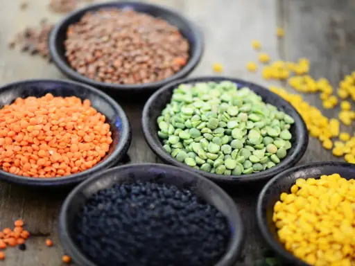 Schalen mit roten, braunen, grünen, schwarzen und gelben Linsen. Ein wahres Kraftpaket: Linsen Protein pro 100g ist beeindruckend hoch.