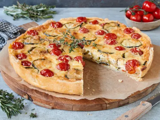 Eine köstliche, sommerliche Quiche mit Kirschtomaten und Zucchini, garniert mit frischem Thymian.