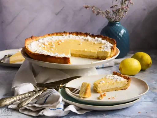 Eine köstliche Zitronen-Tarte, bestäubt mit Puderzucker, steht auf einem Kuchenständer. Ein Stück liegt auf einem Teller, daneben zwei frische Zitronen.