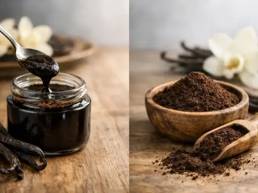 Vanillepaste in einem Glas und Vanillepulver in einer Holzschale. Beides zeigt, was ist vanillepaste und wie sie hergestellt wird.