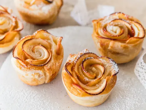 Goldbraune Apfelrosen, perfekt zum Vortag backen, mit Puderzucker bestäubt.