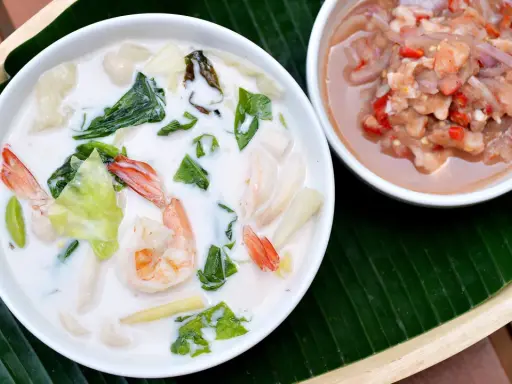Eine cremige asiatische Suppe mit Garnelen und Gemüse, dane eine Schale mit einer würzigen Garnelenpaste.