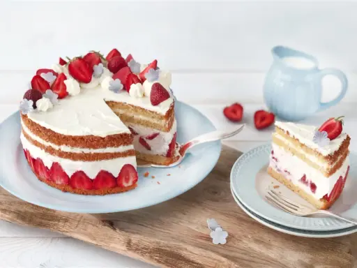 Eine köstliche Erdbeer Basilikum Torte mit frischen Erdbeeren und Sahne, ein Stück davon auf einem Teller.