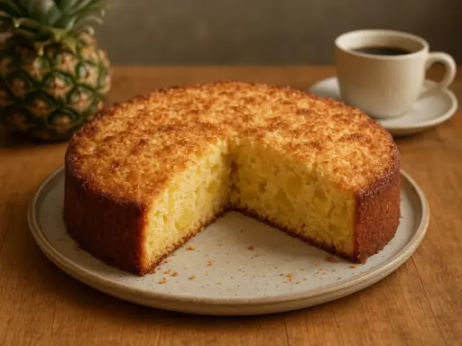 Ein saftiger **Ananas Kokos Kuchen** mit goldbrauner Kruste und Stückchen von Ananas im Inneren. Daneben eine Tasse Kaffee und eine frische Ananas.