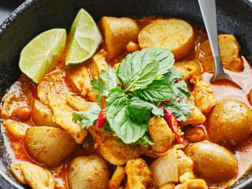 Ein köstliches Massaman Curry Rezept mit Hühnchen, Kartoffeln und Erdnüssen, garniert mit frischen Kräutern und Limettenspalten.
