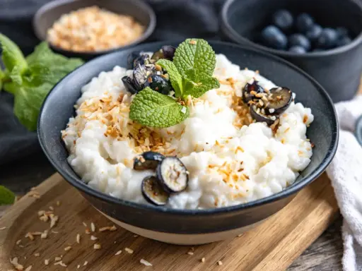 Cremiger Milchreis mit Wasser gekocht, garniert mit Blaubeeren, Minze und gerösteten Kokosflocken. Ein Genuss, der an Kindheit erinnert.