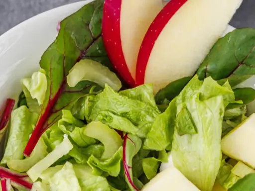 Frischer Romana Salat mit Apfelstücken und roten Mangoldblättern in einer weißen Schüssel.