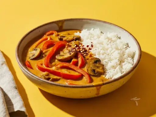 Schüssel mit Reis und rotem Curry, das mit Paprika und Pilzen verfeinert ist. Ein Hauch von Chiliflocken deutet an, dass dieses rote Curry scharf ist.