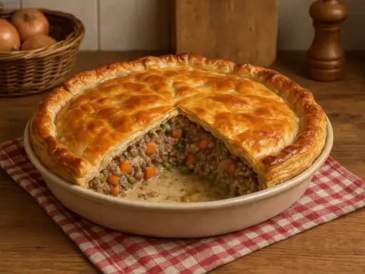 Herzhaftes Hackfleisch-Pasteten-Rezept mit Erbsen und Karotten, goldbraun gebacken.