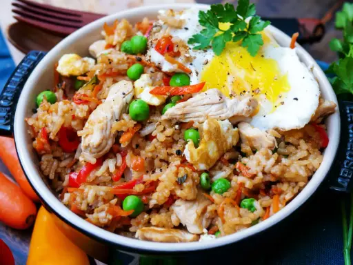 Ein köstliches Nasi Goreng Rezept original: Reis mit Hühnchen, Erbsen, Karotten, Paprika und Spiegelei, garniert mit Petersilie.