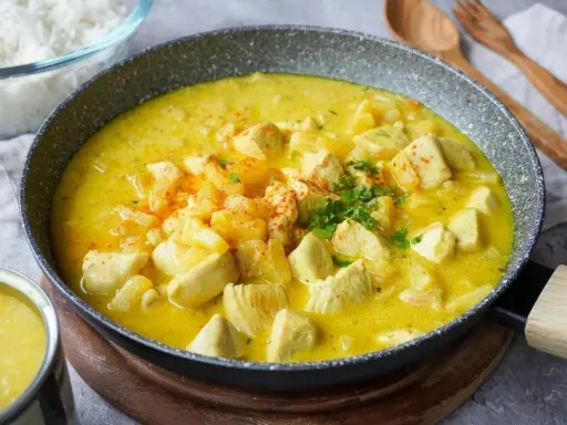 Ein köstlicher Curry mit Ananas und Hähnchenstücken in einer cremigen gelben Sauce, garniert mit Petersilie und Paprikapulver.