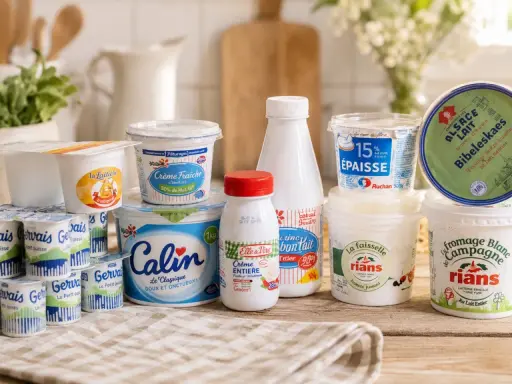 Eine Auswahl an Milchprodukten, darunter verschiedene Becher mit fromage blanc, Crème fraîche und Joghurt, auf einem Holztisch.