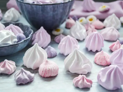 Zuckergebäck, was ist Meringue? Zarte, luftige Baisers in Rosa-, Lila- und Weißtönen, einige in einer Schüssel, andere verstreut.
