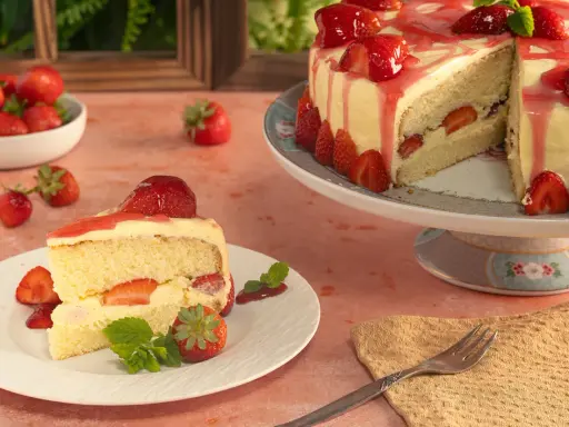 Ein Stück Vanille Erdbeer Torte mit frischen Erdbeeren und Sahne.