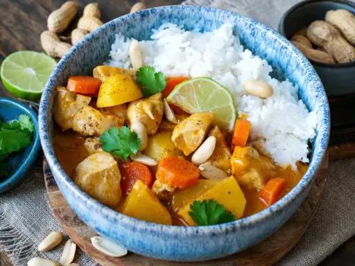 Ein köstlicher Massaman Curry mit Hühnchen, Kartoffeln, Karotten und Erdnüssen, serviert mit Reis. Der Massaman Curry Geschmack ist intensiv und aromatisch.