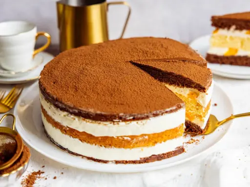Schokoladenkuchen mit Sahne und Fruchtfüllung, ein köstlicher Kuchen, der 3 Tage durchziehen muss, bestäubt mit Kakao.