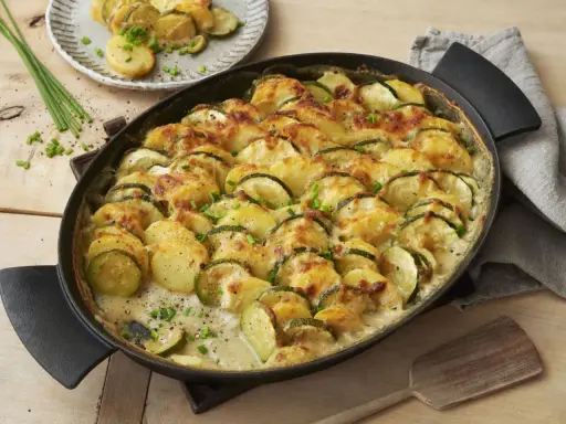 Herzhafte zucchini kartoffel rezepte: überbackene Scheiben aus Zucchini und Kartoffeln in cremiger Sauce, garniert mit Schnittlauch.