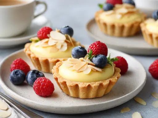 Zwei köstliche Vanille-Tartelettes mit frischen Beeren und Mandelsplittern, serviert auf einem Teller mit einer Kaffeetasse im Hintergrund.