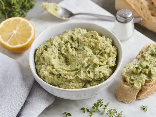 Ein cremiger Zucchini-Aufstrich mit Kräutern und Zitrone, serviert auf Brot.