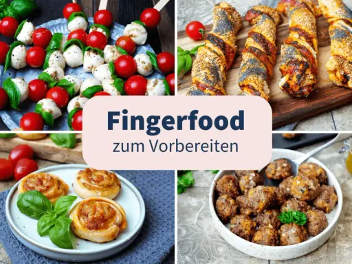 Vier Bilder zeigen Fingerfood: Caprese-Spieße, herzhafte Teigschnecken, Fleischbällchen und Blätterteigstangen mit Mohn und Sesam. Perfekt für salziges Fingerfood zum Vorbereiten!