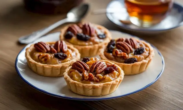 Vier kleine pekannuss tartelettes mit Rosinen auf einem Teller, daneben eine Tasse Tee und ein Löffel.