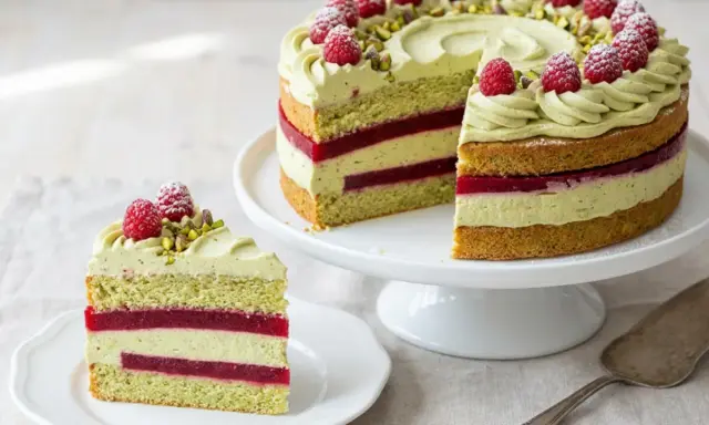Eine wunderschöne Pistazien Torte mit Himbeerschichten und frischen Beeren. Ein Stück ist auf einem Teller angerichtet.